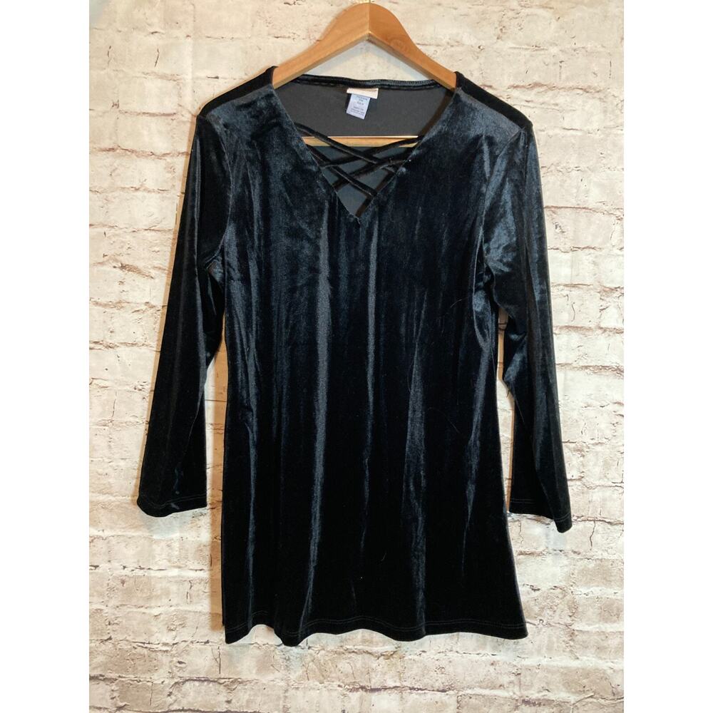Collections‎ ETC. Velvet Top Womens Medium Black Cutout Neck Long Sleeve Stretch